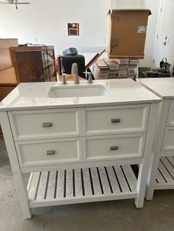 White Bathroom Vanity with Marble Top and Sink