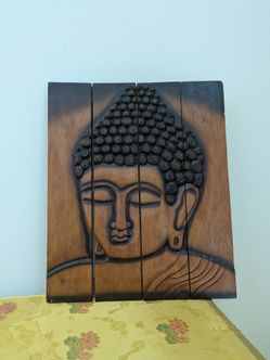 Large Hand-Carved Wooden Buddha Wall Art