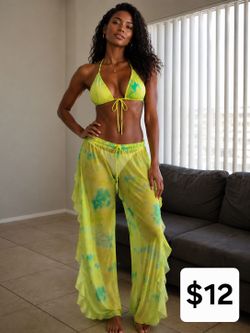 Sheer Tie-Dye Yellow & Green Swim Coverup Pants