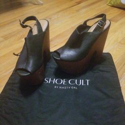 Platform Wedges, Black Faux Leather By Nasty Gal