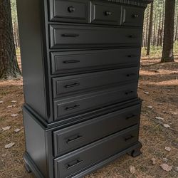 Large Basset Tall Dresser / Chest Solid Wood 6 Drawers Black Satin New