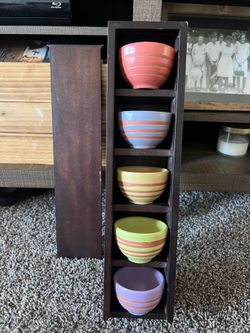 Vintage Starbucks Colorful Striped  Japanese Yunomi Style Tea Set w/ Wooden Box