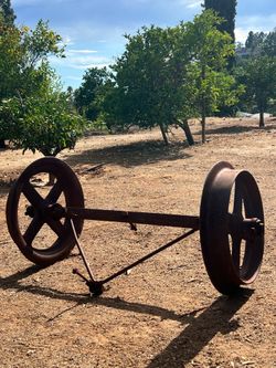 Antique Cast Iron Farm Cultivator Wheels – 41” – Original Axle – $175