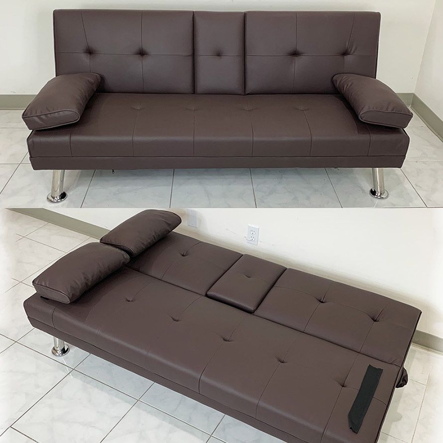 (New) $155 Futon Sofa Bed Folding Couch Living Room Furniture 65x30x31”, Grey/Brown