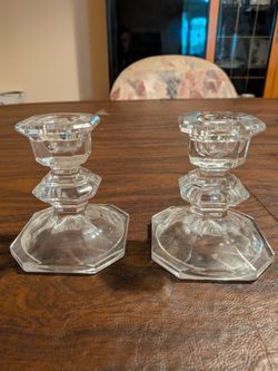 vintage Mikasa lead crystal candleholders feature a classic tiered, hexagonal design.