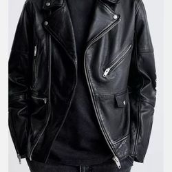 Zara 100% Sheepskin Leather Biker Jacket XL Black 5388/300/800