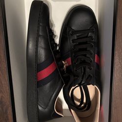 Gucci Ace Black Leather Sneakers Men Size 12us With Red And Blue Stripe – Worn Twice – Receipt & Box Included