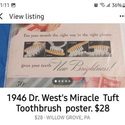 1946 Dr. West's  Toothbrush Poster  $28 Great Collectors Item! 