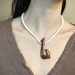 Puka Shell & Wooden Hook Necklace