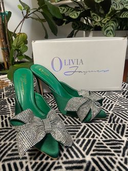 Olivia Jaymes Green Satin Crystal Bow Heels