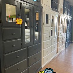 Grey XL Pinewood Wardrobe Dresser With Mirror