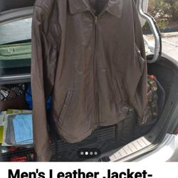 Men's Leather Jacket- Brown, R & R Casual, Full Zip Up, Size XL, Orig New $100, Sell USED