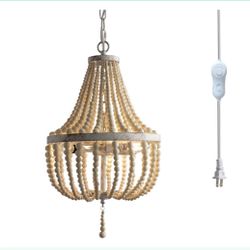 NIB 3 light wood beaded plug in chandelier