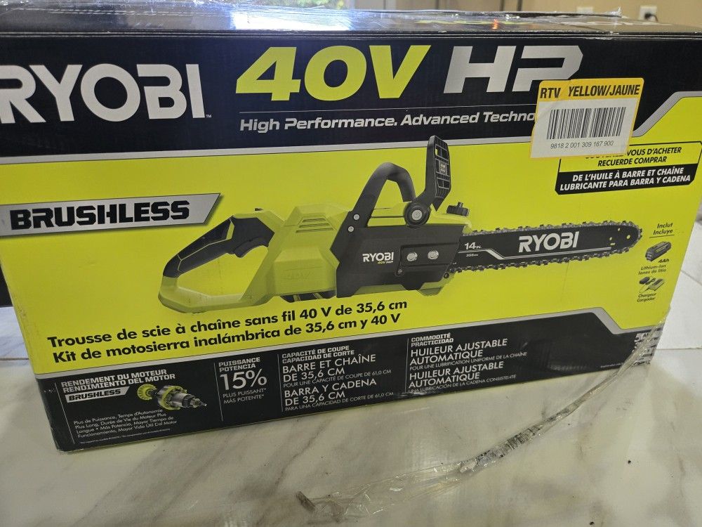 RYOBI 40V HP Brushless 14 in. Battery Chainsaw with 4.0 Ah Battery and Charger
