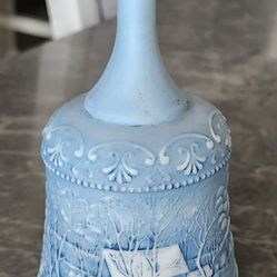 Vintage 1980s Soft Blue Fenton Blue Currier & Ives Winter Country Village Scene Horses 