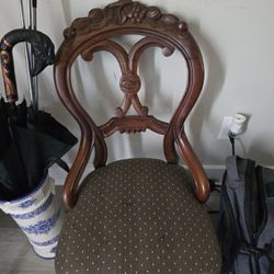 Four Fun Wooden Ornate Carved Chairs With Fabric Padding 