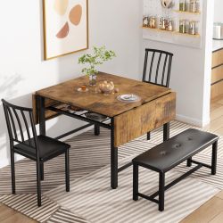 Modern Industrial Wooden 4-Piece folding Dining Table Set (2chairs & bench)
