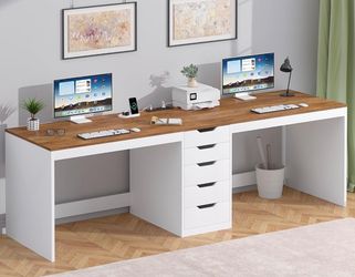 79 Inch 2 Person Desk with 5 Drawers & Outlets for Home Office, Brown and White
