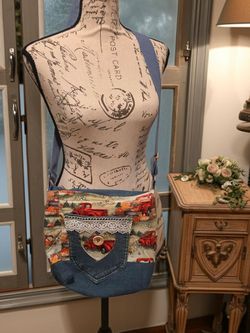 Handmade Denim Crossbody Bag Red Truck Print