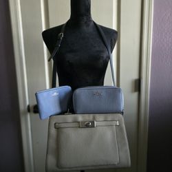 Coach Purse Matching Wallet & Wristlet Gray & Blue 