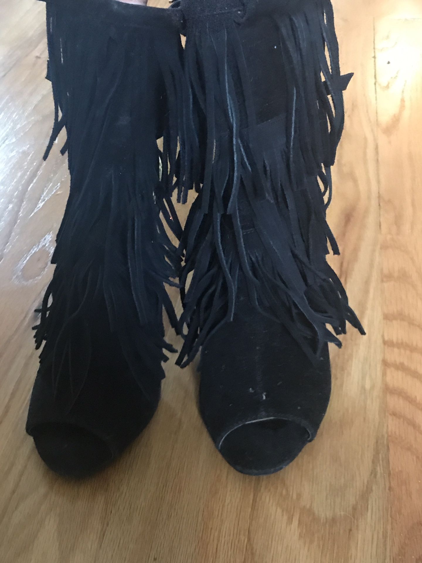 Black fringe booties/sandals