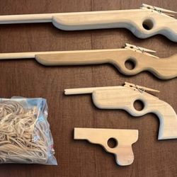 Handmade Wooden Rubber Band Guns set –  2 Rifles & Pistol  and an extra little wood play gun–  Price: $10