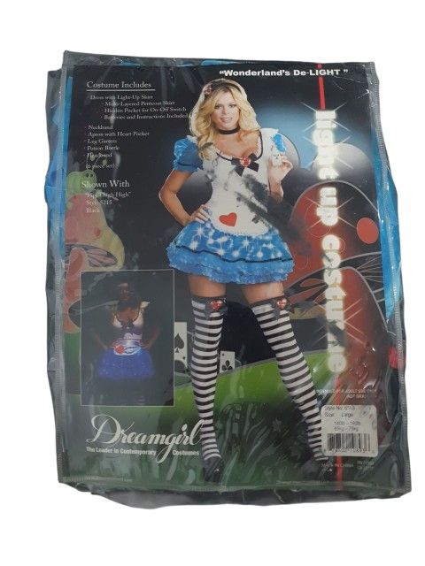 Alice In Wonderland De-Light ,Adult Woman's Halloween Costume. Size Large. *Dress With Light-Up Skirt *Neckband*Apron*Leg Garters*Potion Bottle*Headb