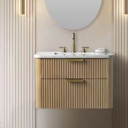 Warren 30 in. W Floating Bath Vanity in Classic Oak with Engineered Stone Top in Arabescato and White Sink  New