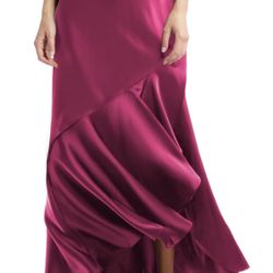 NEW W/TAGS Women Satin Skirt Silk A Line Swing Ruffle Pleated Cocktail Skirts Silky High Low Tiered Long Maxi Skirt with Split