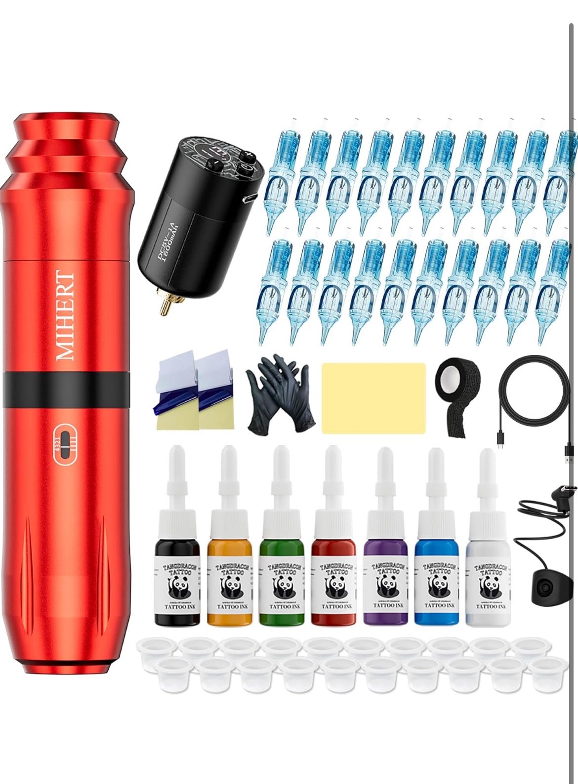 Brand: MIHERT Tattoo Gun Kit with Wireless Rotary Tattoo Machine, 1500mAh Battery, 20 Tattoo Cartridge Needles, 7 Tattoo Inks, Tattoo pen for Beginner