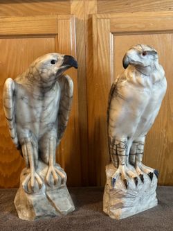 Gorgeous Antique 19th-century French Hand Carved Variegated Marble Eagle Sculptures with Glass Eyes