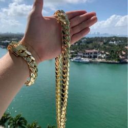 Set Chain & Bracelet 20mm Miami Cuban Link Gold Plated Chain Necklace 18k & 14k Crab Old School Regular Lock