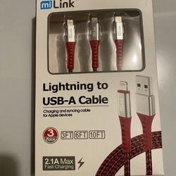 Lightening To USB-A 3 Pack Cable Set Brand New
