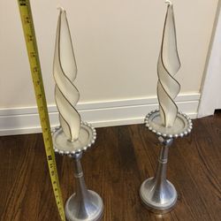 Pair of Tall Metal Candle Holders + Decorative Twist Candles