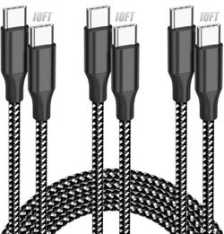 USB C to USB C Cable, 3 Pack 10FT 60W Type C Nylon Braided Charger Cord Fast Charging for iPhone 17 16 15 Series iPad MacBook CarPlay and More (Black)