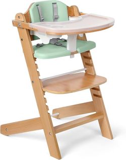 Natural Wooden High Chair for Babies & Toddlers 3-Tier Remove Adjustable Tray and Highchair with Cushions, Easy to Clean, Portable(Green)
