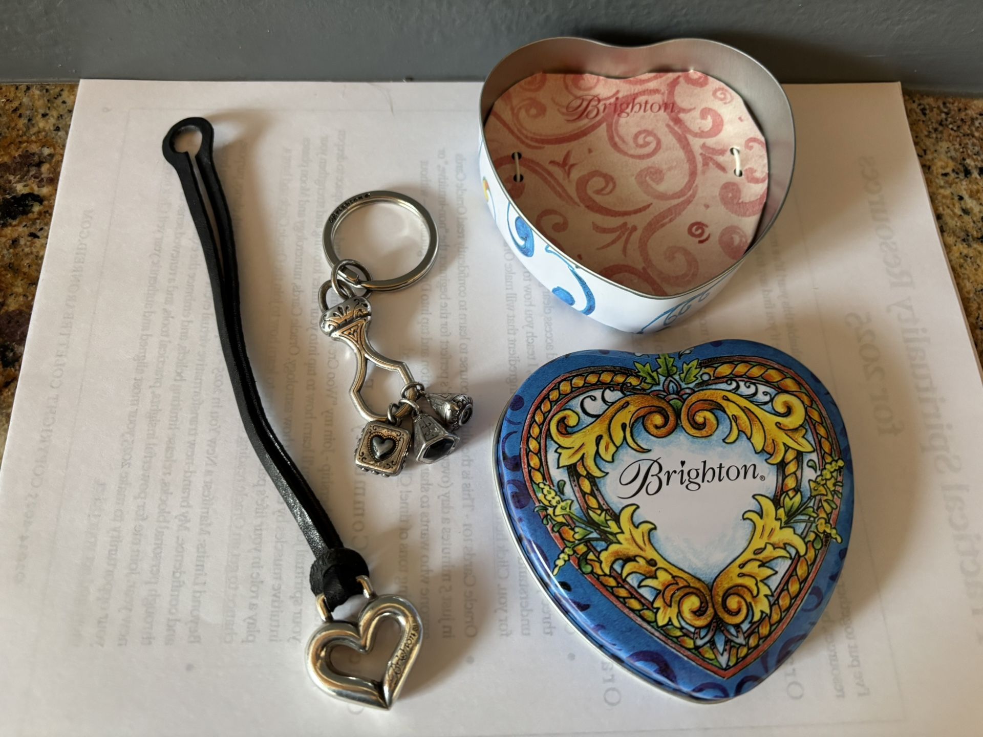 Brighton Vintage silver Plated Key Ring And Black Leather Strap Loop With Silver Heart