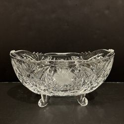 VTG Zajecar 24% Lead Crystal Floral & Leaf Oval Footed Candy Bowl Yugoslavia