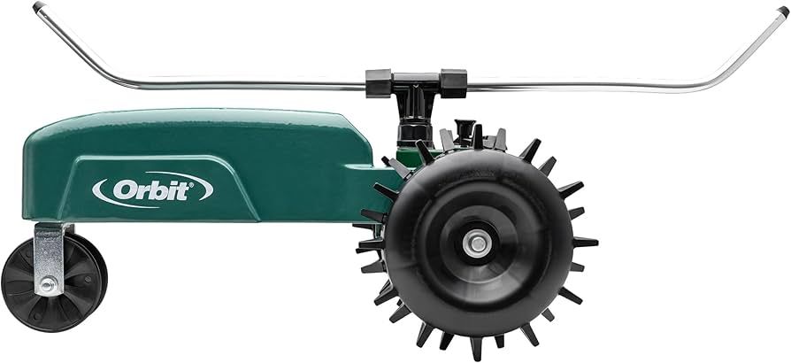 Orbit Traveling Tractor Water Sprinkler - Self-Propelled Traveling Sprinkler for Wide Lawn Coverage - Cast-Iron Body with Adjustable Coverage - Three-