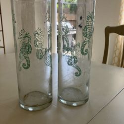 2 Vases Blue Green Seahorse Motif