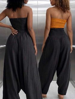 2-Way Wear Women's Casual Solid Color Textured Pleated Loose Jumpsuit, Suitable For Summer Vacation, Women's Black（small）