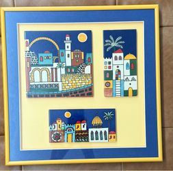 Ceramic tile wall art, Armenian pottery, Jerusalem Old City scene, framed