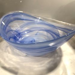 Artistic Accents Blue & White Swirl Art Oval Canoe Shaped Glass Bowl Approx 10 x 8 x 3.75