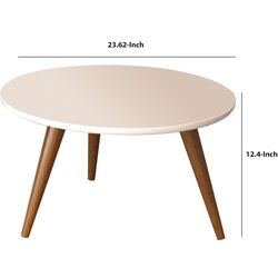 24 Inch Modern Coffee Table, Round Off White MDF Top, Tapered Brown Mango Wood Legs