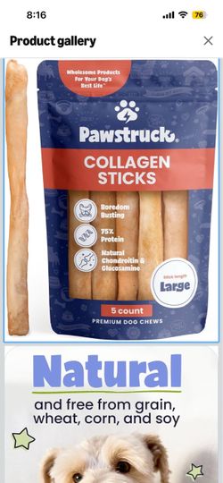 Pawstruck Natural Large 12" Beef Collagen Sticks for Dogs – Long-Lasting Rawhide Alternative, High Protein Treats with Chondroitin & Glucosamine – 5 P