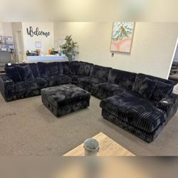Modern stylish comfortable black corduroy modular design 7 pc sofa set with cup holders