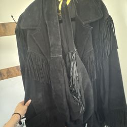 Vintage black suede jacket fringe details, with matching purse. Size 42.  