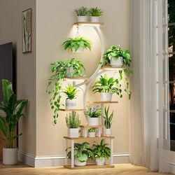 8-Tiered Plant Stand With Grow Lights - 62" Tall Indoor Shelf for Multiple Plants, Metal S-Shaped Flower Holder Rack for Home, Patio (White)