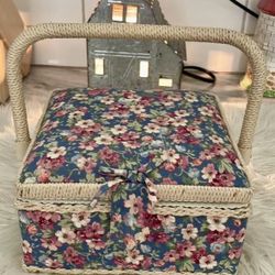 Vintage Cloth Padded Floral Fabric Sewing Box Basket w/ Handle