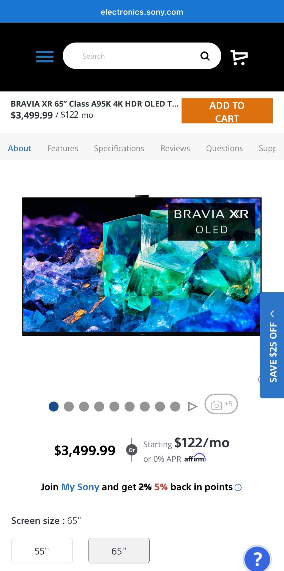 SONY BRAVIA XR 65” Class A95K 4K HDR OLED TV with Google TV (Model Number XR65A95K)